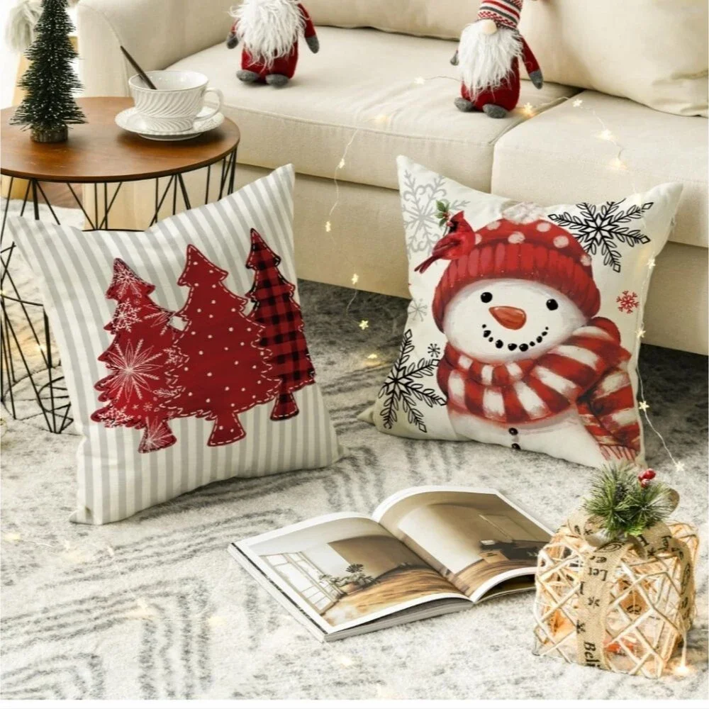 Set of 4 Throw Pillow Covers Snowman, Joy, Believe, Christmas Trees 18